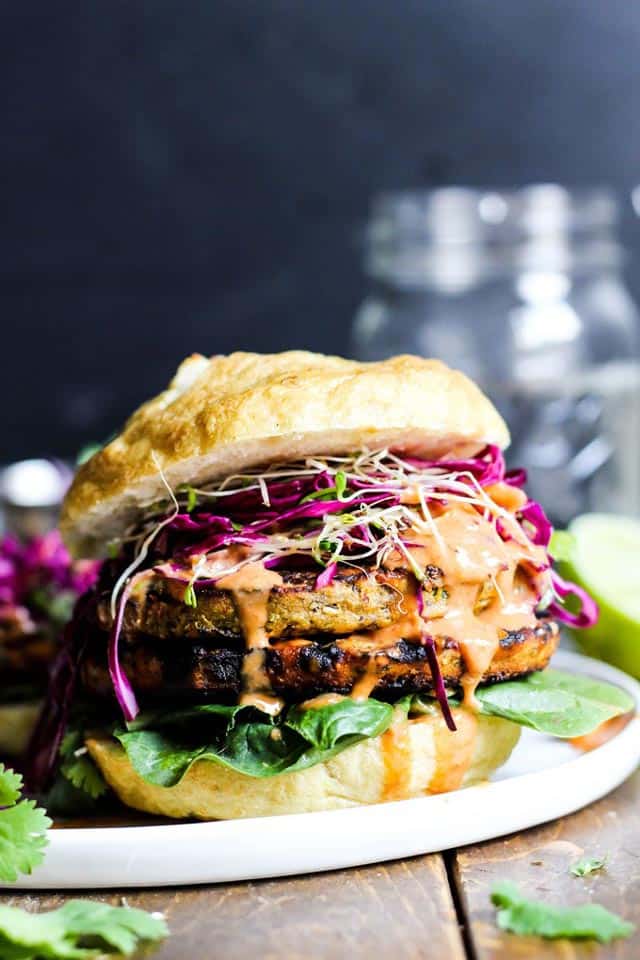 Asian Veggie Burgers with Mango Cabbage Slaw