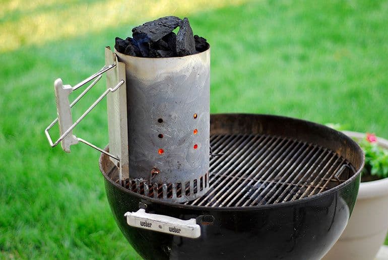 chimney starter on charcoal grill