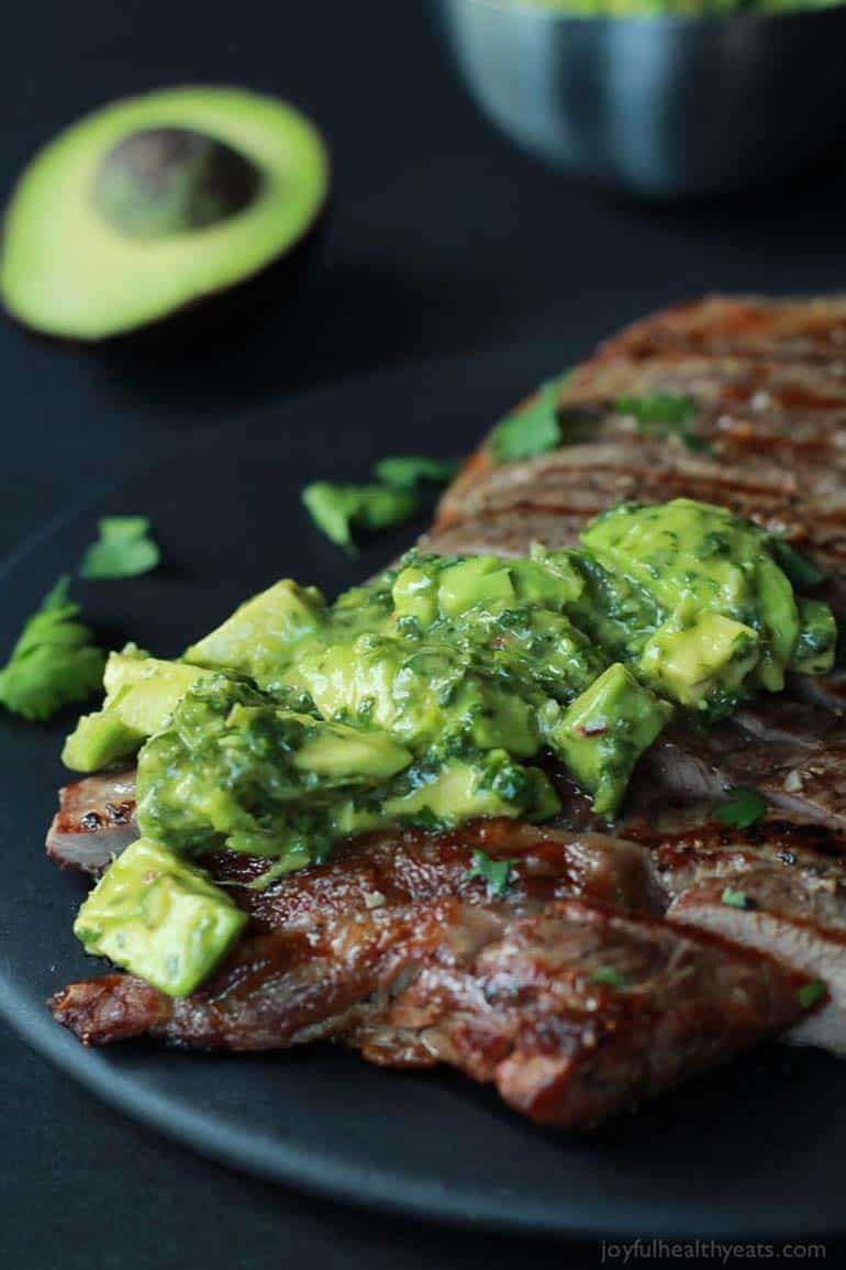 Grilled Flank Steak with Avocado Chimichurri