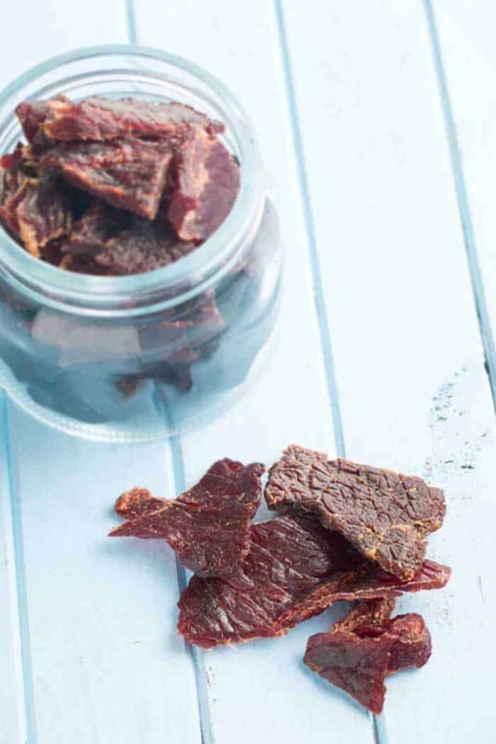 dried beef jerky served on kitchen tabletop