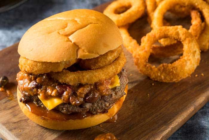 Homemade Barbecue Chili Cheeseburger with Onion Rings 2