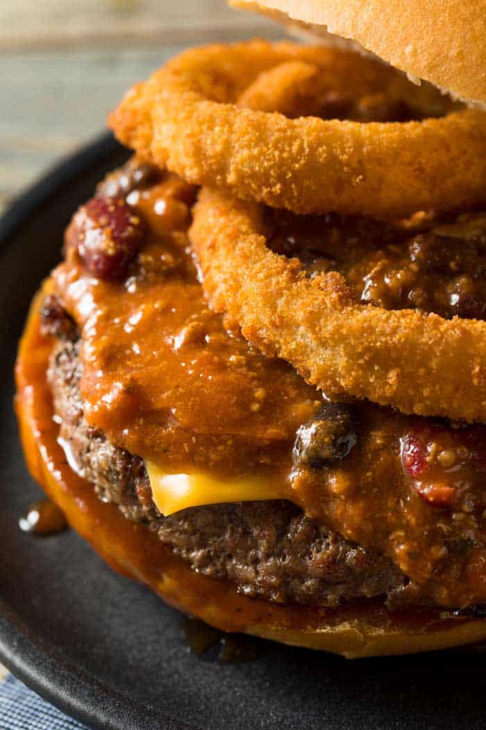 Homemade Barbecue Chili Cheeseburger with Onion Rings