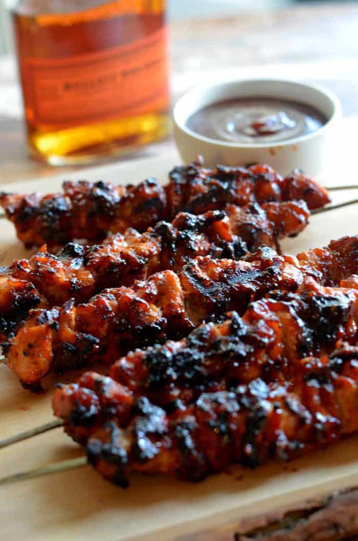 Bacon bourbon BBQ chicken kebabs