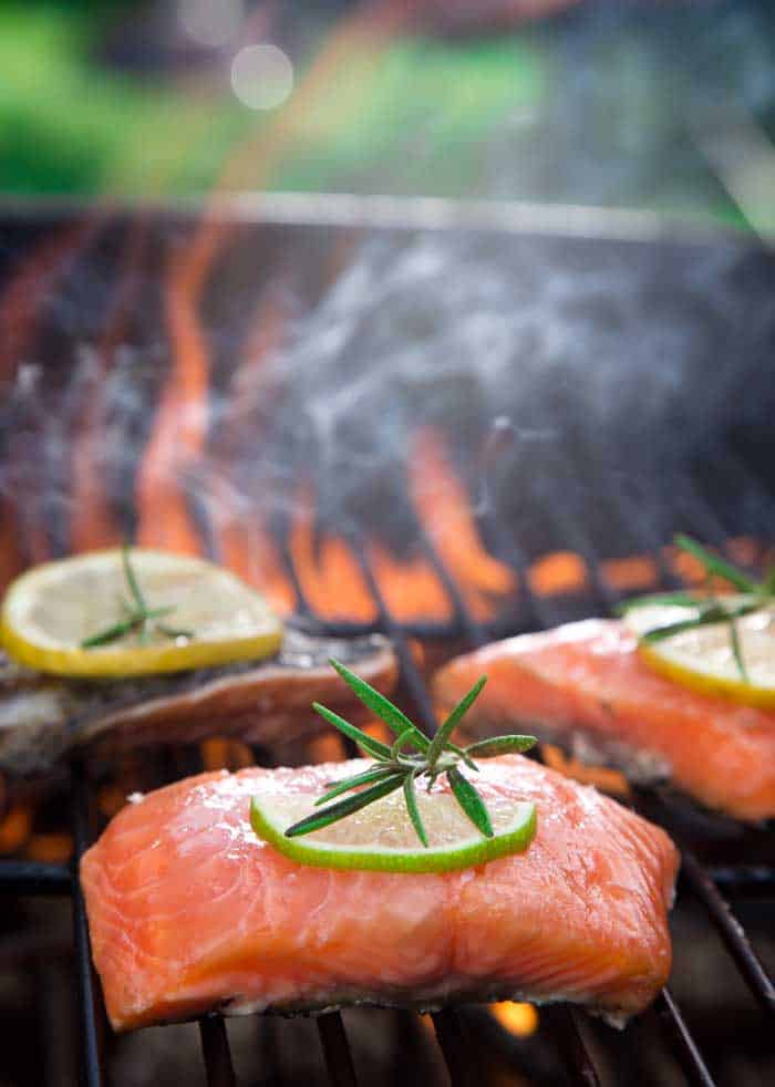 lemon salmon smoking on grill