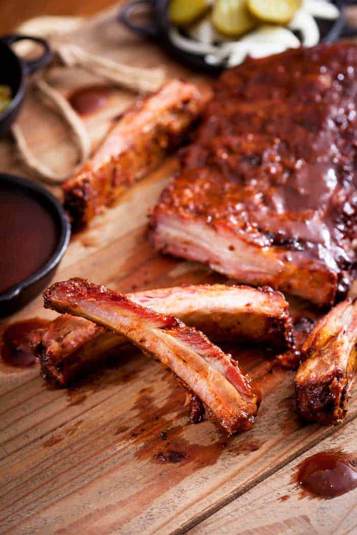 rack of ribs cut into strips of single rib pieces