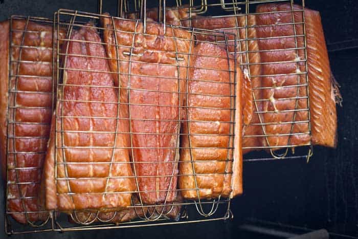 salmon fillets cold smoking in chamber