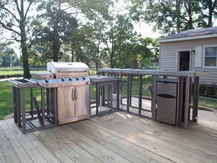 frame of bbq island built with steel studs and tracks to form skeleton