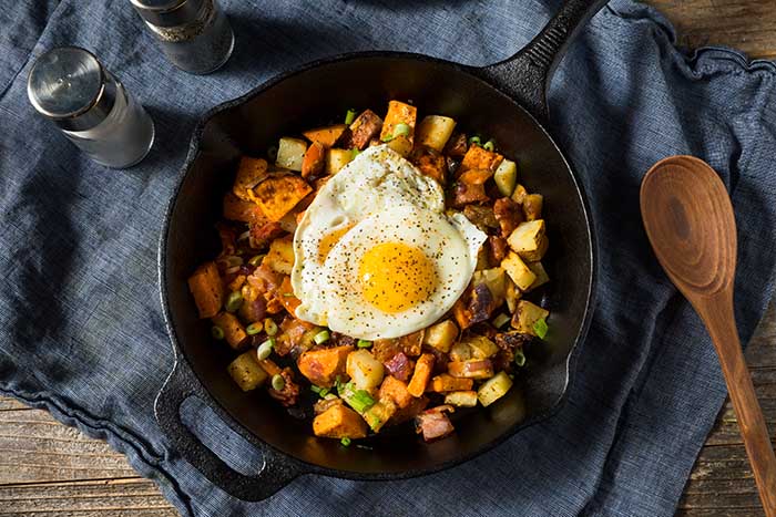 chorizo sausage sweet potato hash fried eggs