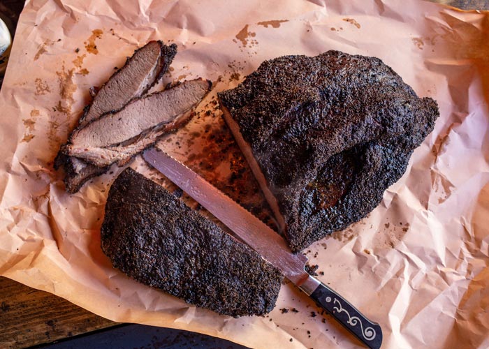 hickory smoked beef brisket sliced with serrated knife