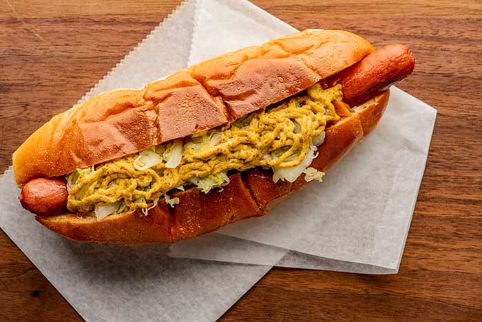 leftover bratwurst hot dog mustard sauerkraut